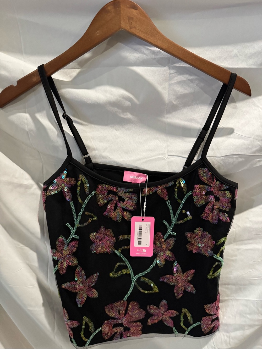Edikted Beaded Floral Embroidered Tank Top in black